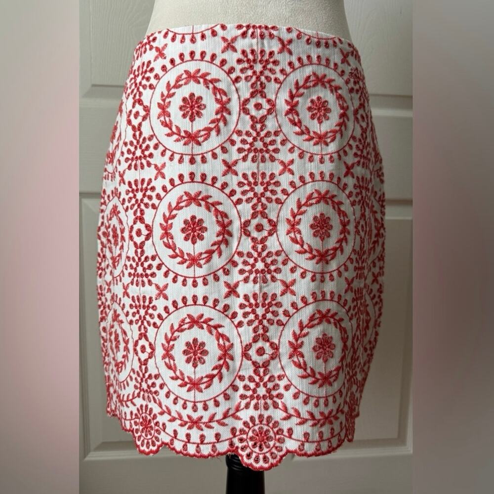 LOFT Cotton Mini Skirt Red Eyelet Lace‎ Size 6P Cottagecore Office Boho Festival